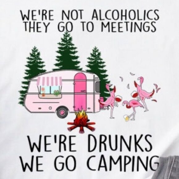 Were Not Alcoholics Camping Flamingo Graphic T-Shirt Funny Drinking Humor Shirt - Picture 2 of 5
